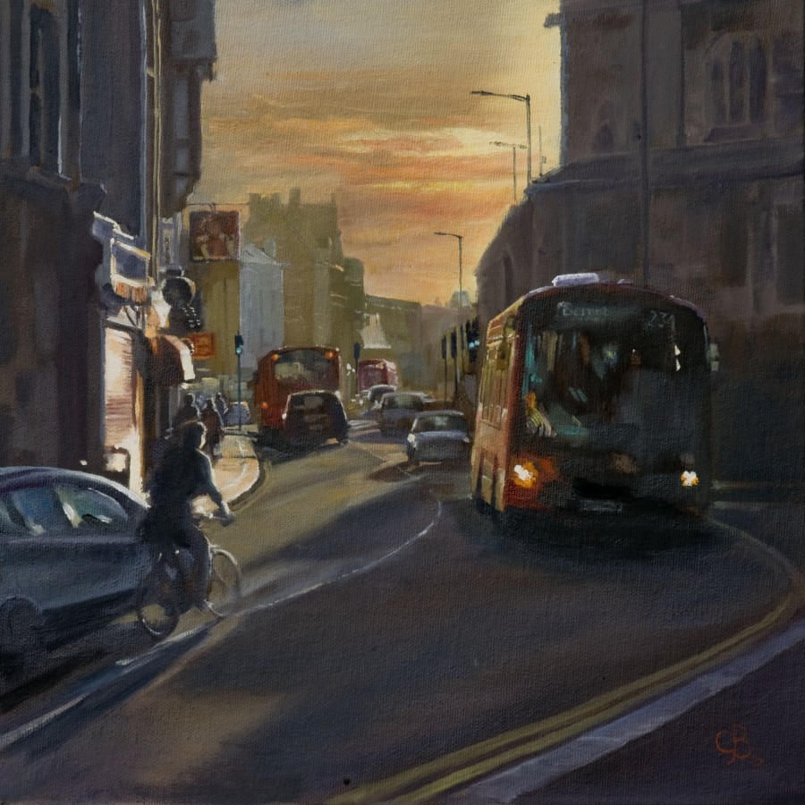 <p><strong><em>BUSTLING HIGH BARNET </em></strong>Oil on Canvas Board 30x30Cms<strong> SOLD but available as a print</strong></p>